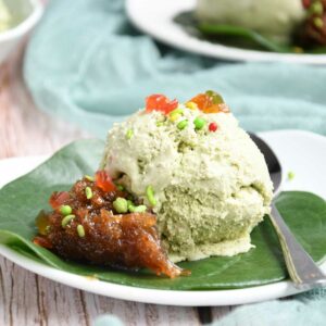 Betel leaves Ice cream scoop served on a plate.