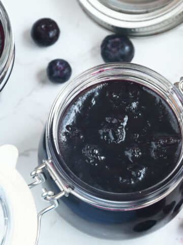 Blueberry jam in a jar.