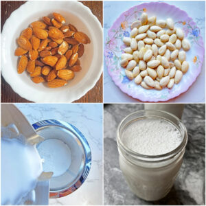 Almond milk steps collage.