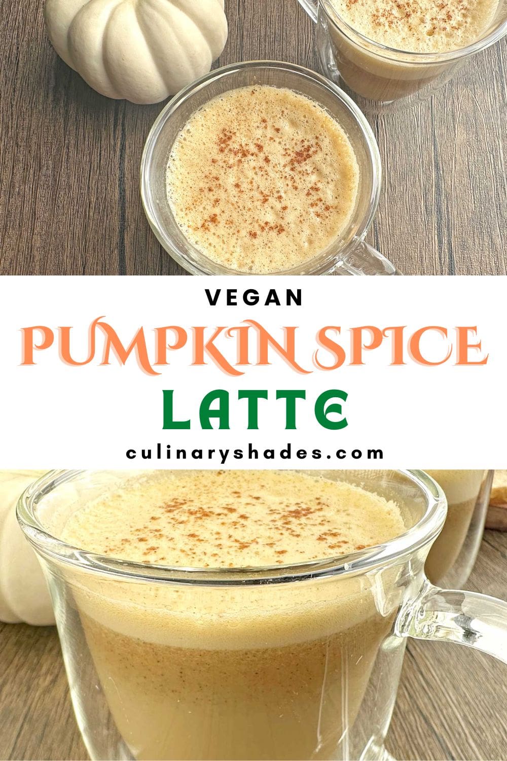 Pumpkin spice latte in couple of clear coffee mugs.