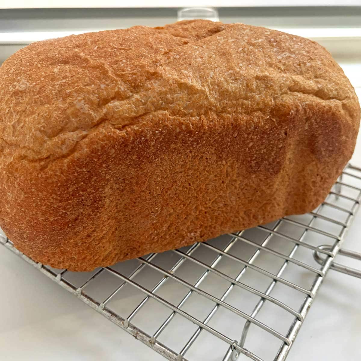 Bread loaf on a wire cooling rack.