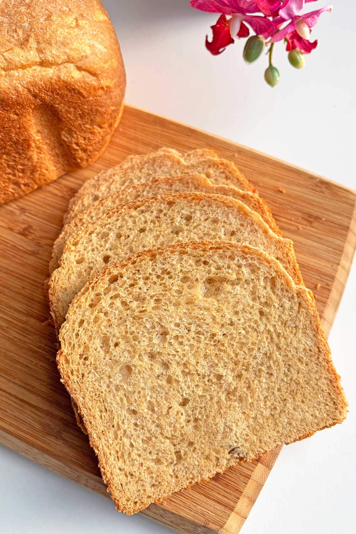 Bread slices on a serving board.