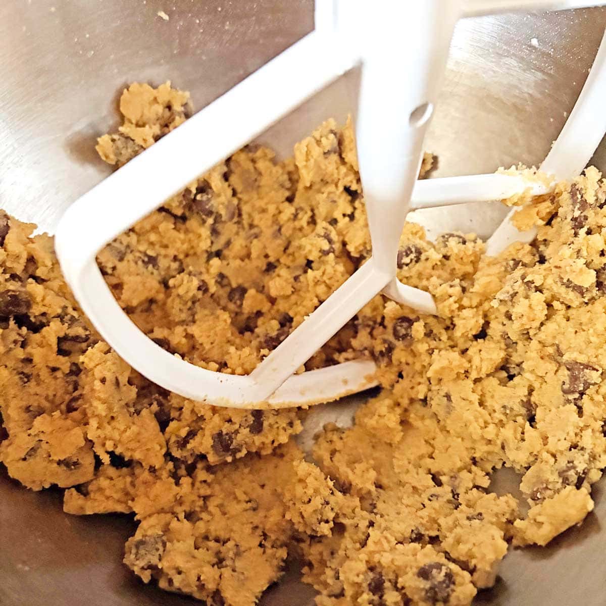 Dough mixing for FMF Chocolate Chip cookies in stand mixer.