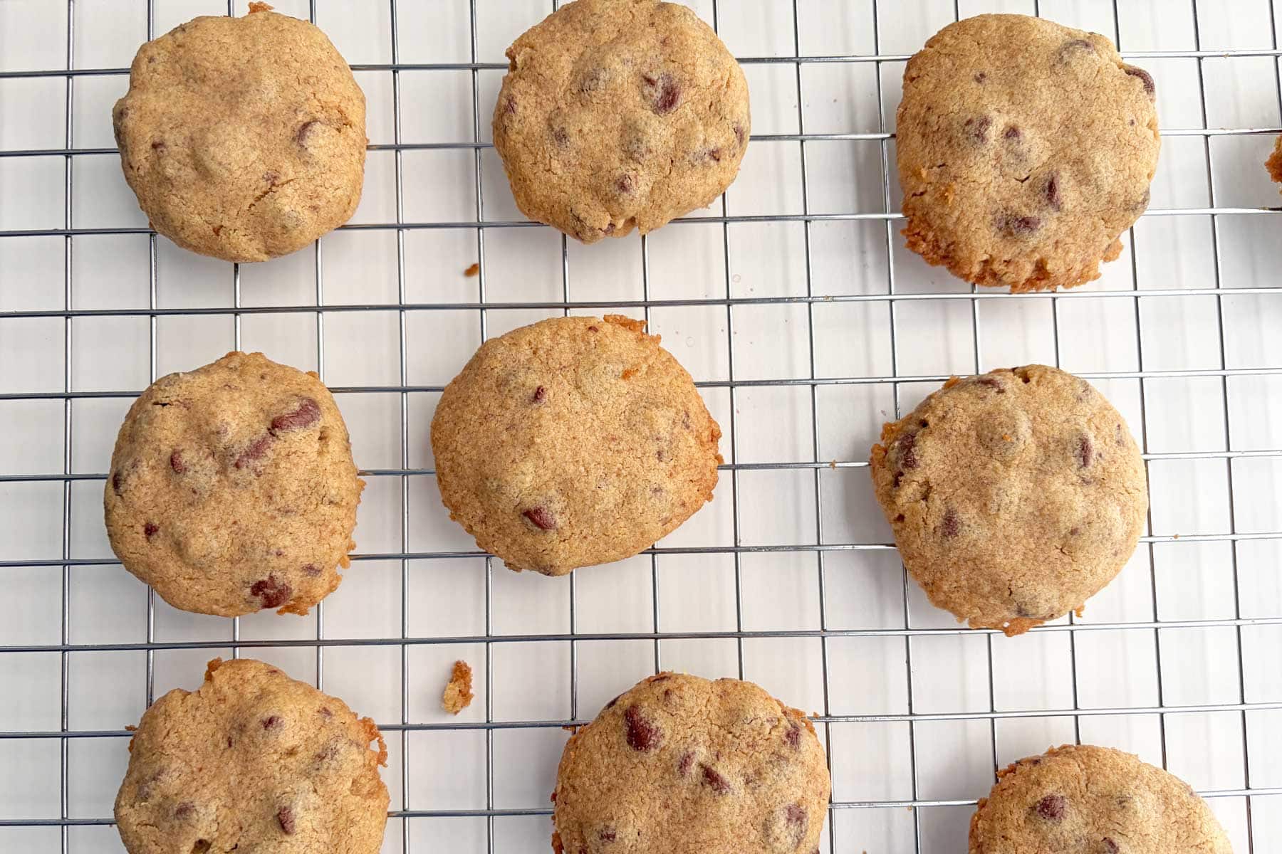 FMF Chocolate Chip Cookies on a cooling rack.