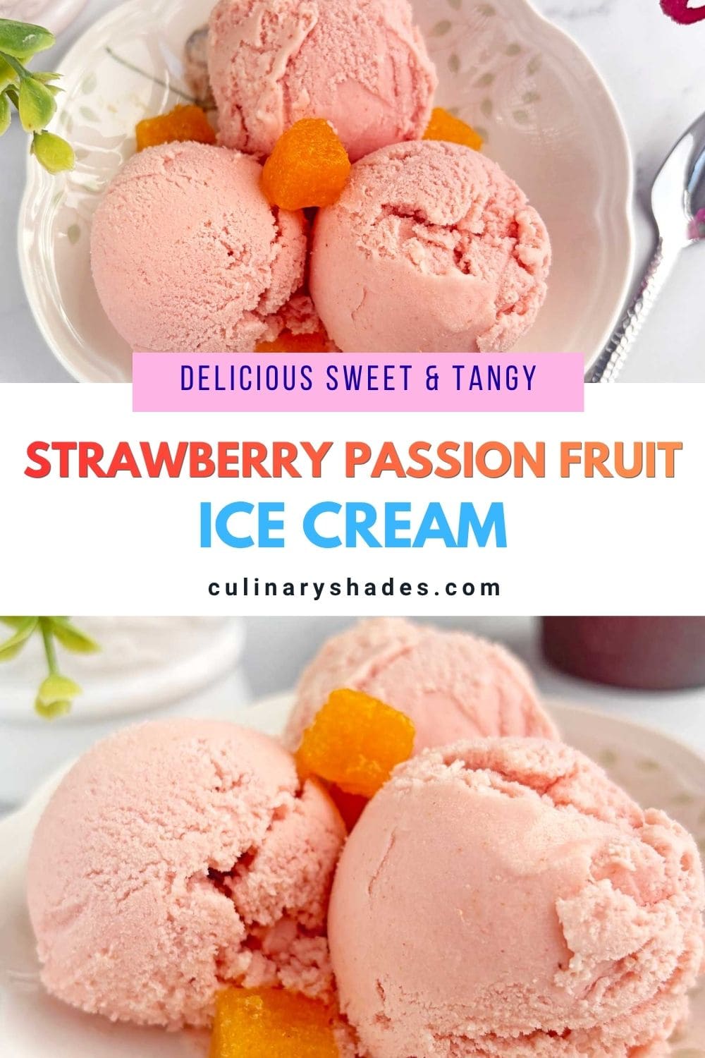 Strawberry and Passion fruit icecream scoops in dessert plate.