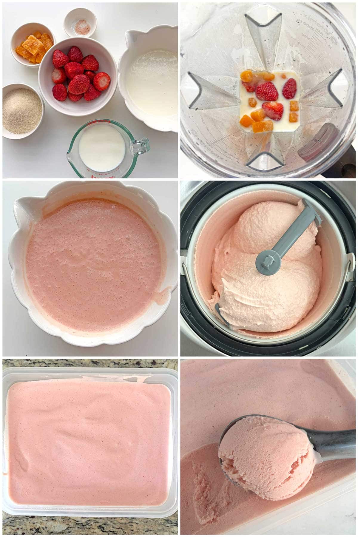 Strawberry-passionfruit ice cream steps collage.