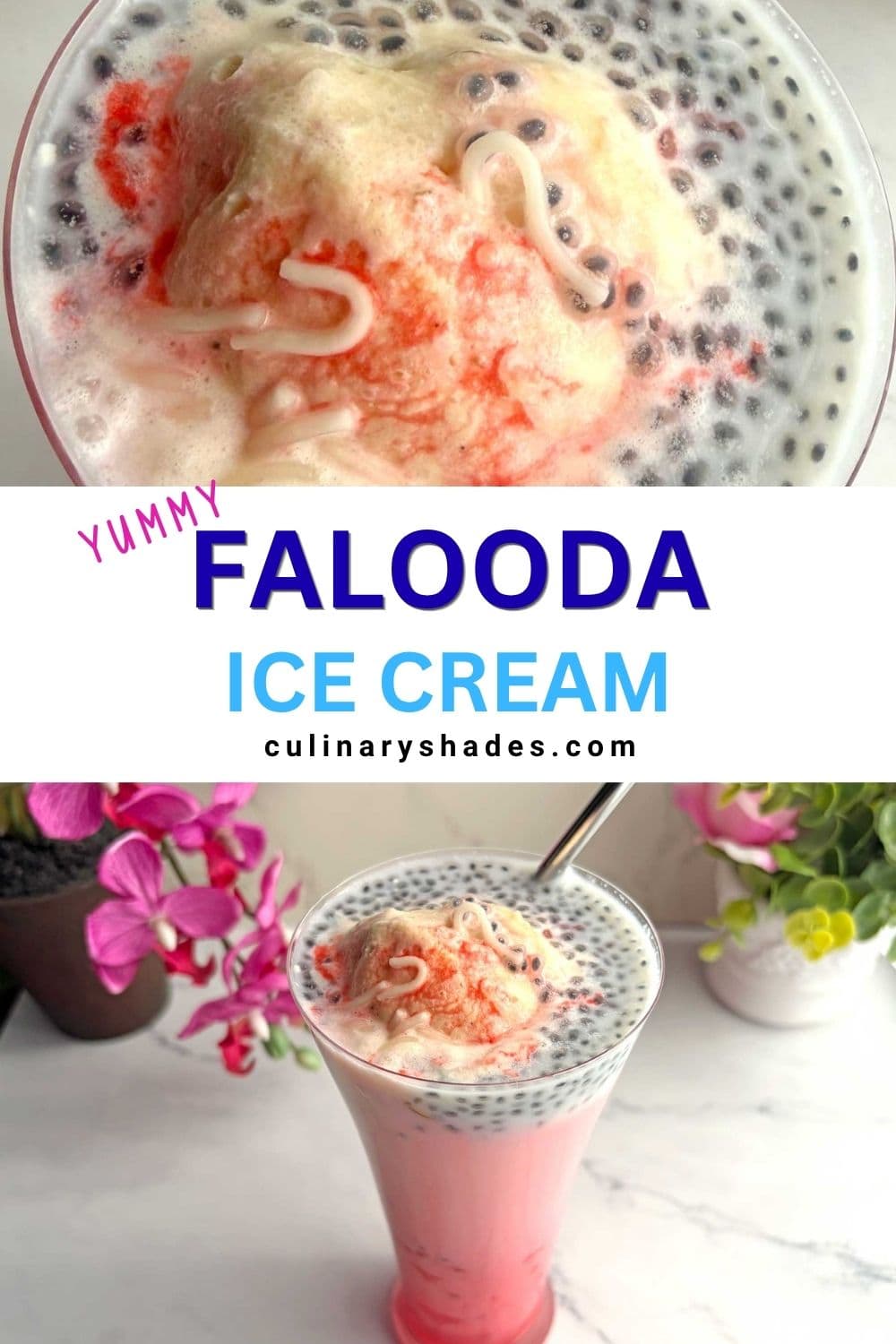 Falooda ice cream in a tall glass with straw.