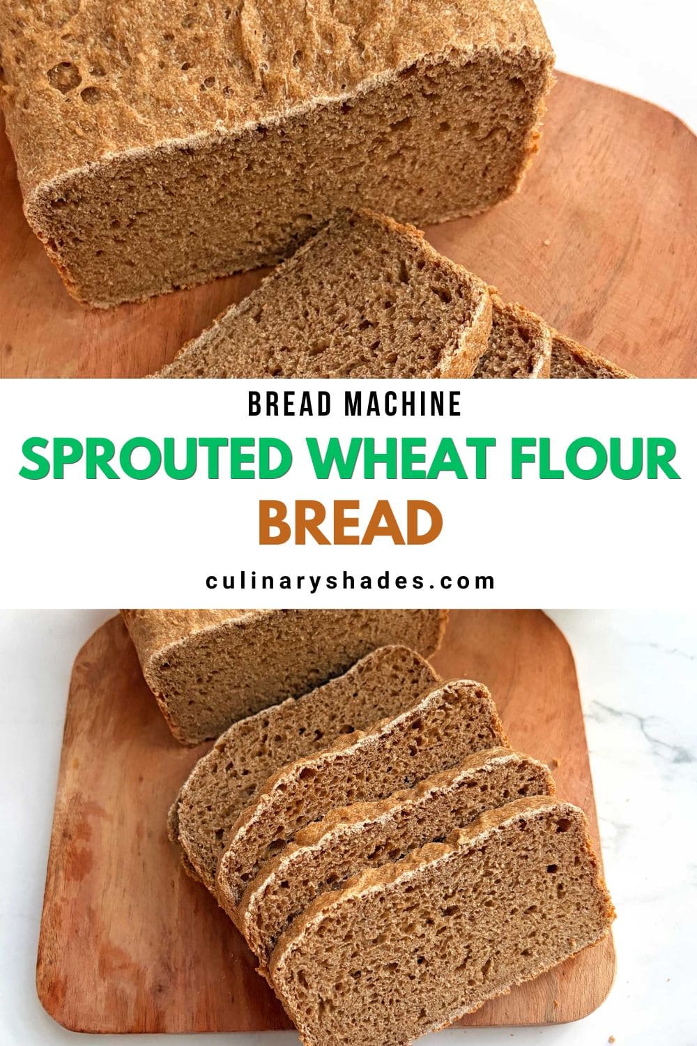 Sprouted wheat flour bread slices on a cutting board.
