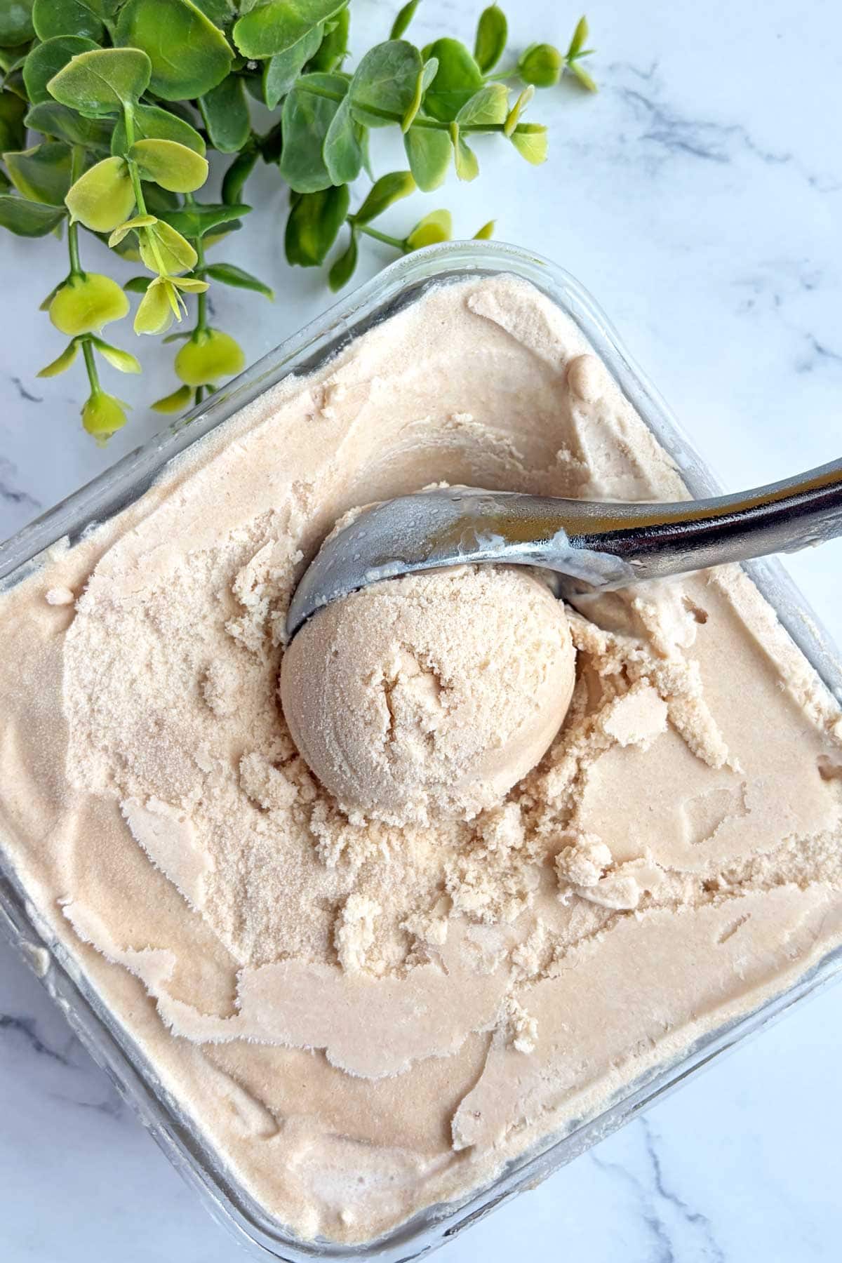 Chikoo ice cream scoops in a container.