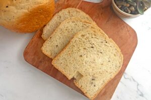 Everything Seasoning bread slices on serving board.