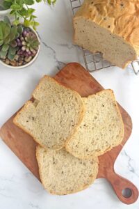 Everything Seasoning bread slices on serving board.