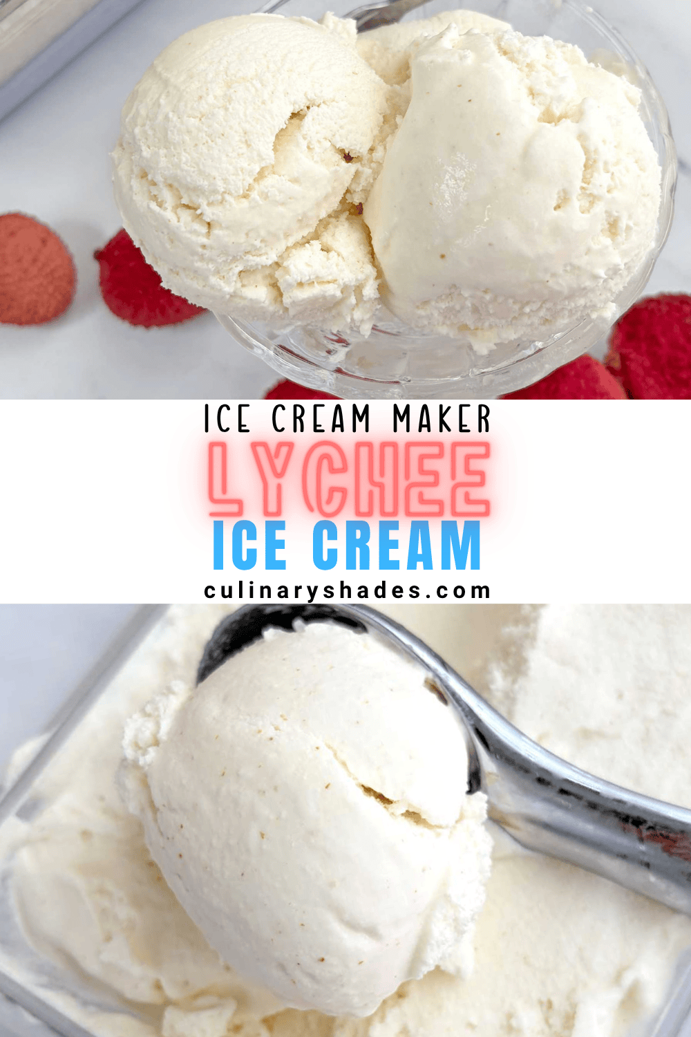 Lychee ice cream scoops in a serving bowl.