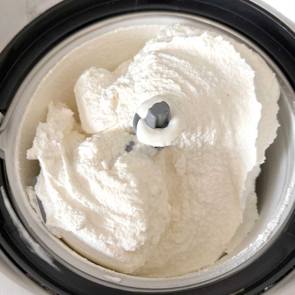 Churned Lychee ice cream in ice cream maker.
